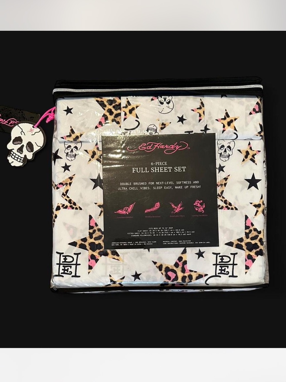 Ed Hardy Full Size 6 Piece Sheet Set New Leopard Stars